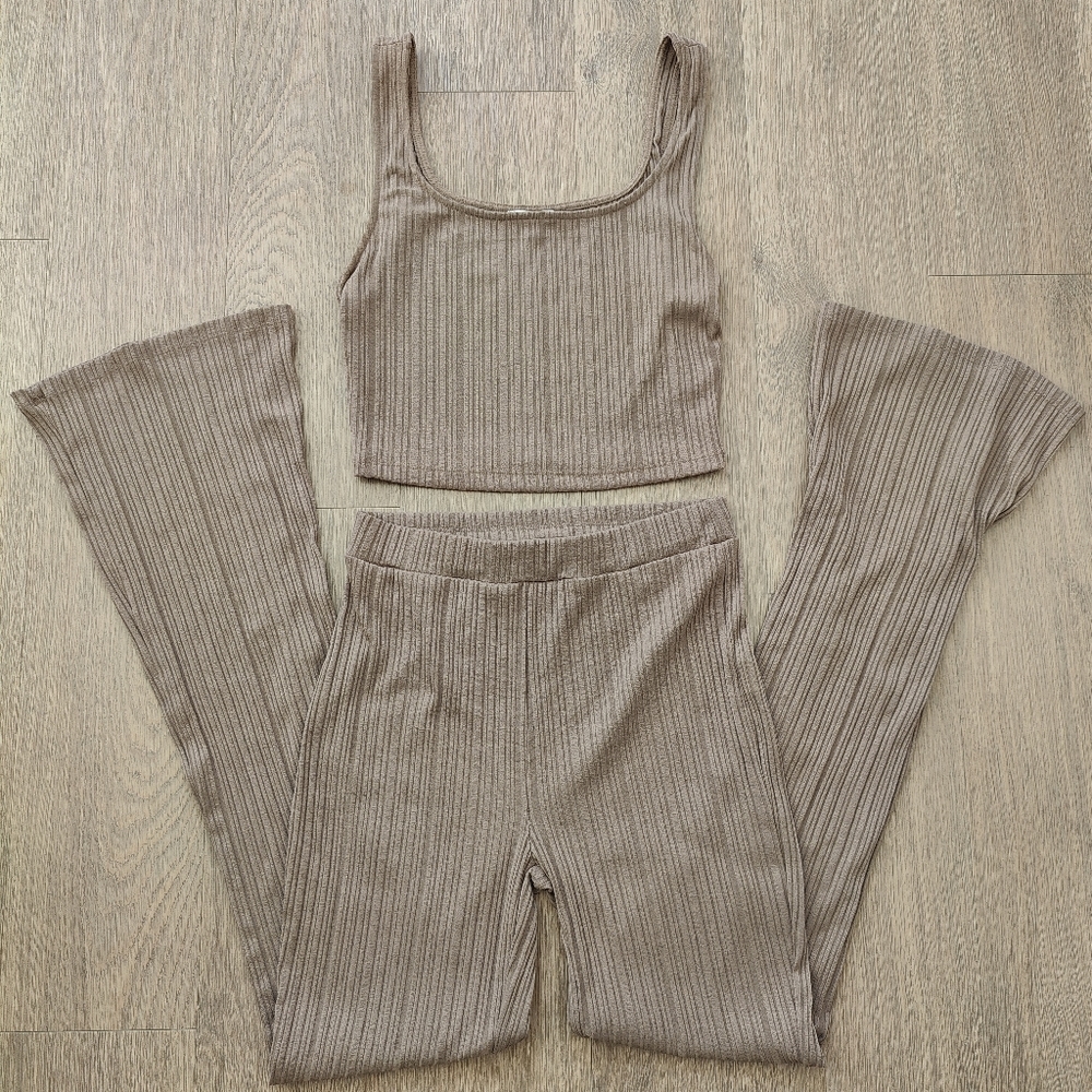 Iris Brown Ribbed Two Piece Tank Top & Pants Lounge Set Full Outfit